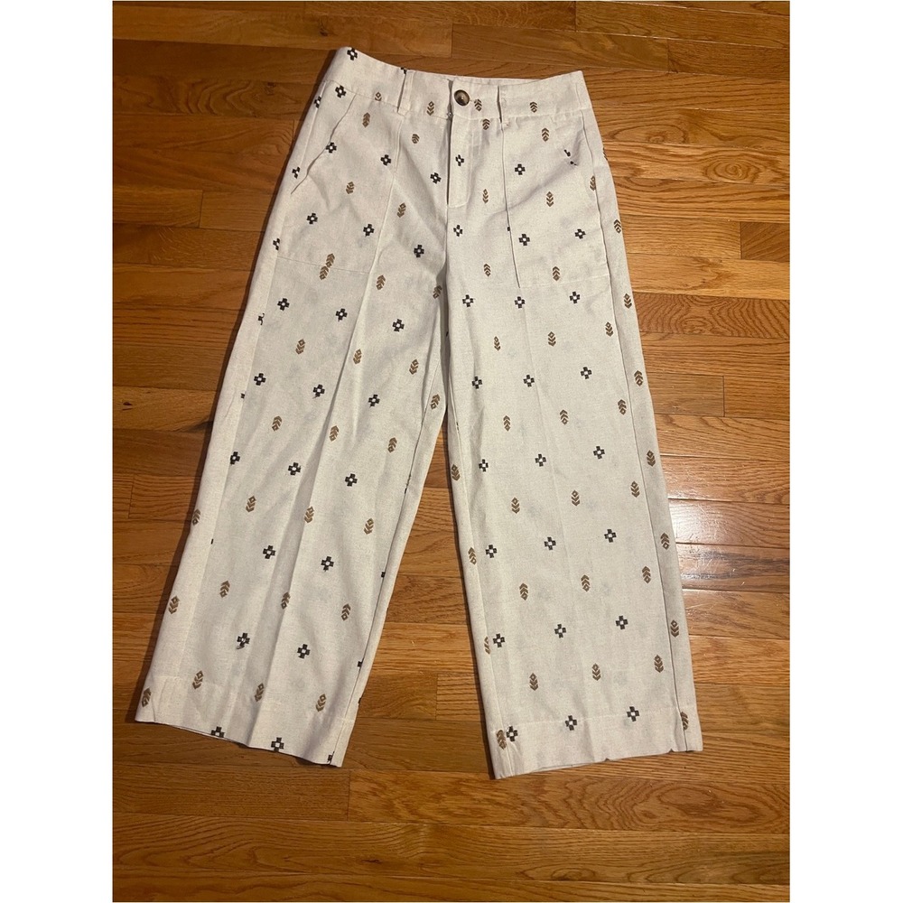 Embroidered Wide Leg High Waisted Pants Cream Southwestern Geometric Boho Womans